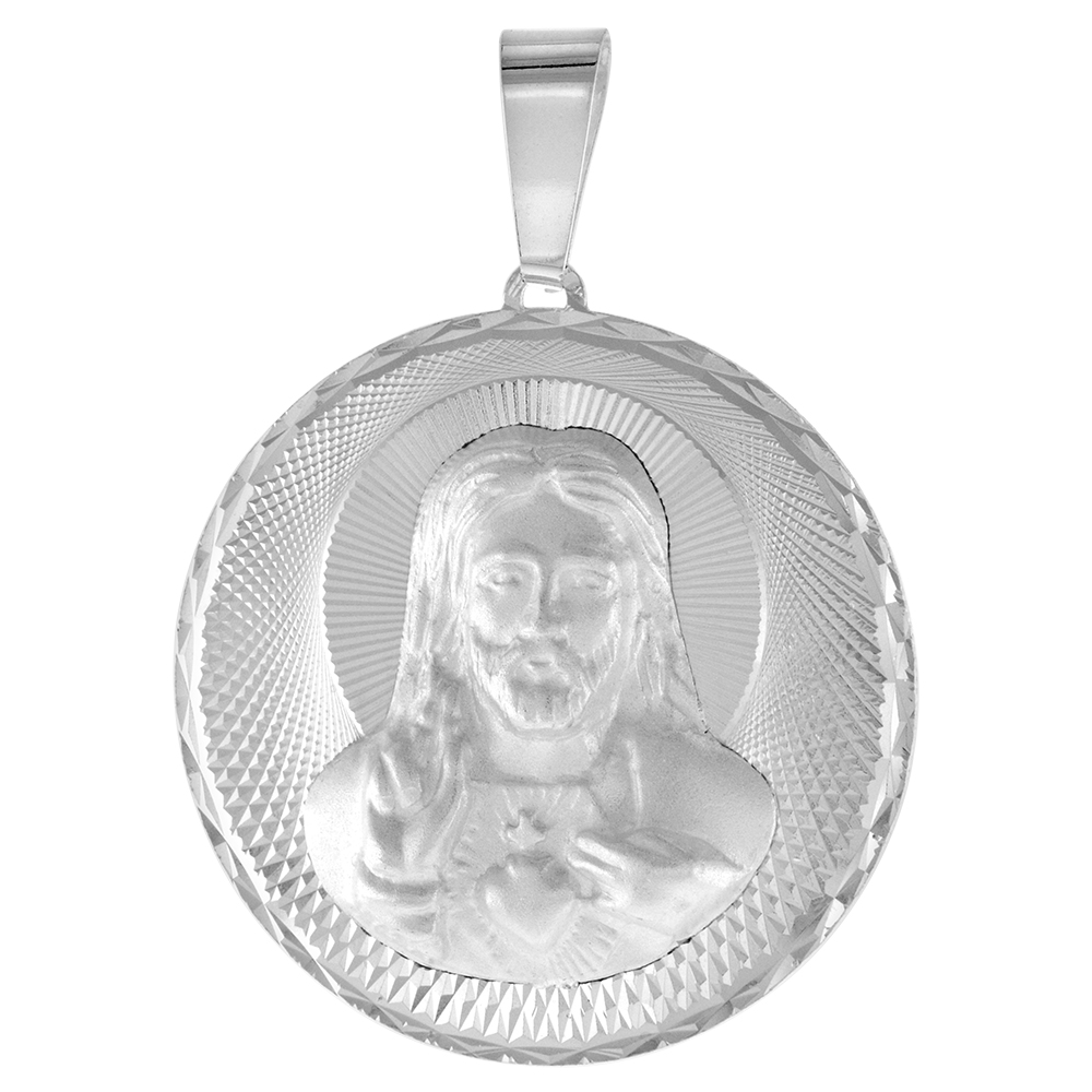 VERY LARGE STERLING SILVER SACRED HEART OF JESUS MEDAL PENDANT FOR MEN SPARKLING DIAMOND CUT AUREOLA BACKGROUND 1 1/4 INCH ROUND