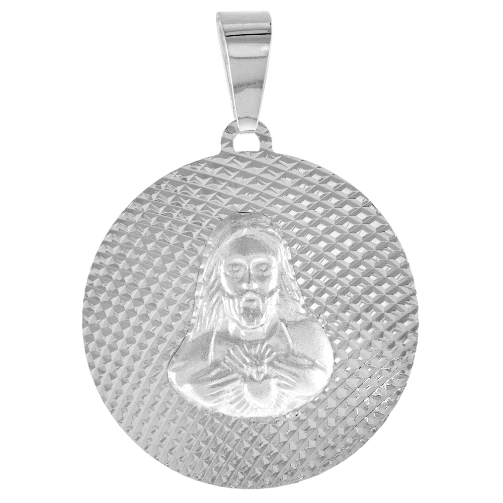 STERLING SILVER SACRED HEART OF JESUS MEDAL PENDANT FOR MEN AND WOMEN SPARKLING DIAMOND CUT AUREOLA BACKGROUND 1 INCH ROUND