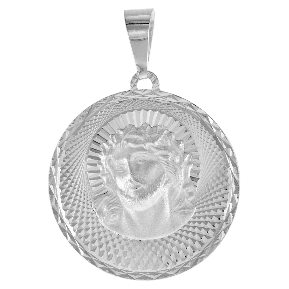 LARGE STERLING SILVER JESUS MEDAL PENDANT FOR MEN AND WOMEN SPARKLING DIAMOND CUT AUREOLA BACKGROUND 1 INCH ROUND
