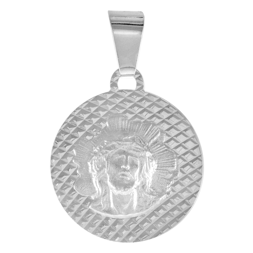 SMALL STERLING SILVER JESUS MEDAL PENDANT FOR MEN AND WOMEN SPARKLING DIAMOND CUT AUREOLA BACKGROUND 5/8 INCH ROUND