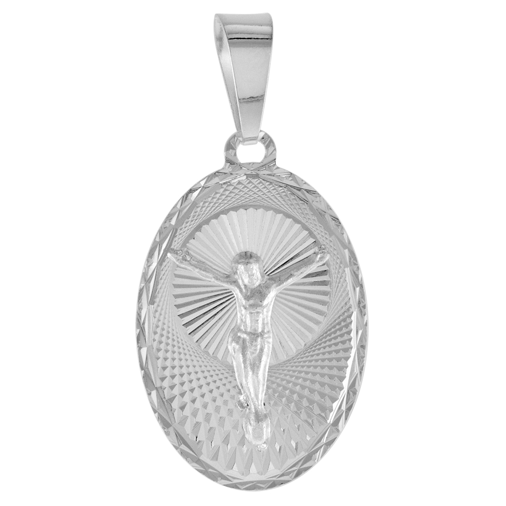 STERLING SILVER BODY OF JESUS MEDAL PENDANT FOR MEN AND WOMEN SPARKLING DIAMOND CUT AUREOLA BACKGROUND OVAL 3/4 INCH TALL
