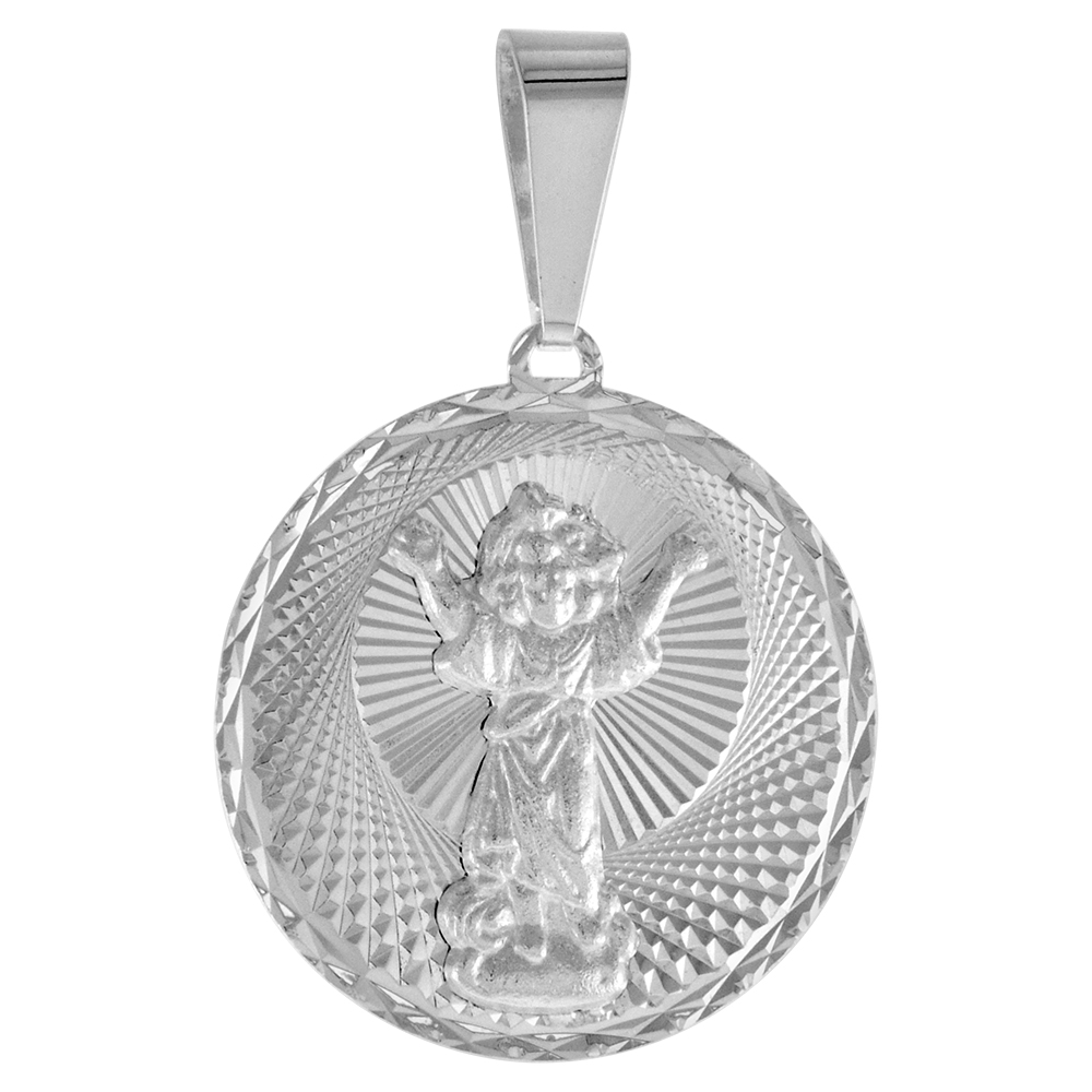 Sterling Silver Jesus Christ Holy Child Medal Pendant for Men and Women Sparkling Diamond cut Aureola Background 3/4 inch Round
