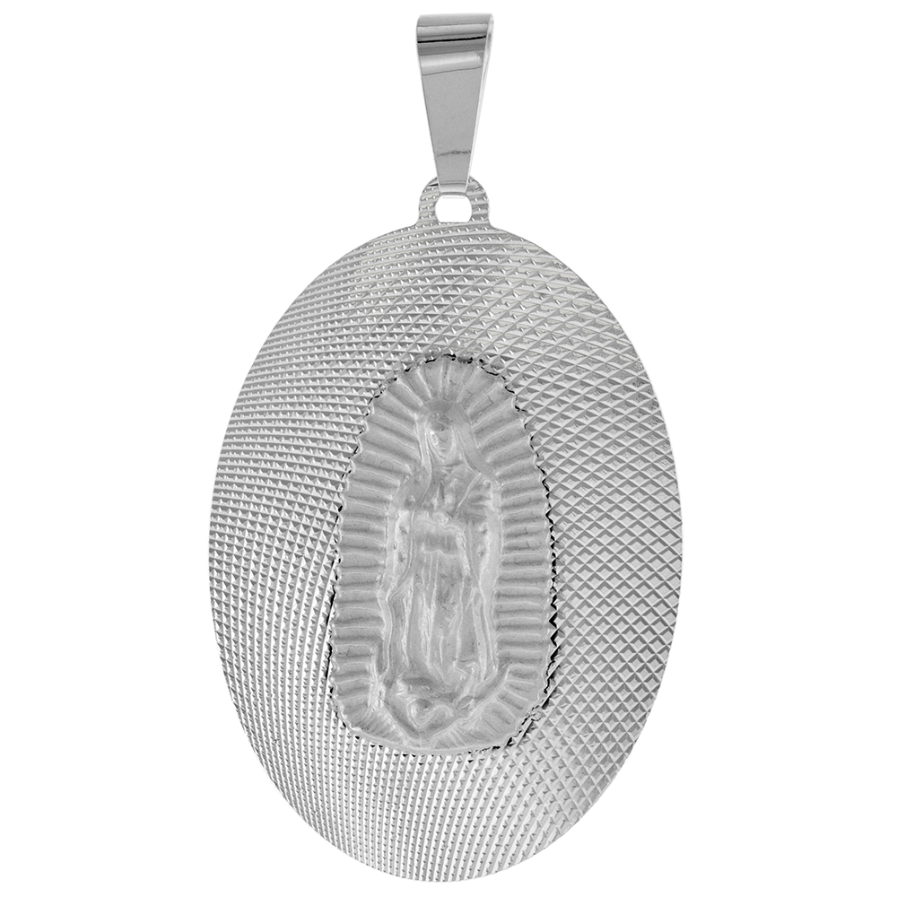 VERY LARGE STERLING SILVER OUR LADY GUADALUPE MEDAL PENDANT FOR MEN SPARKLING DIAMOND CUT AUREOLA BACKGROUND OVAL 1 3/4 INCH TALL