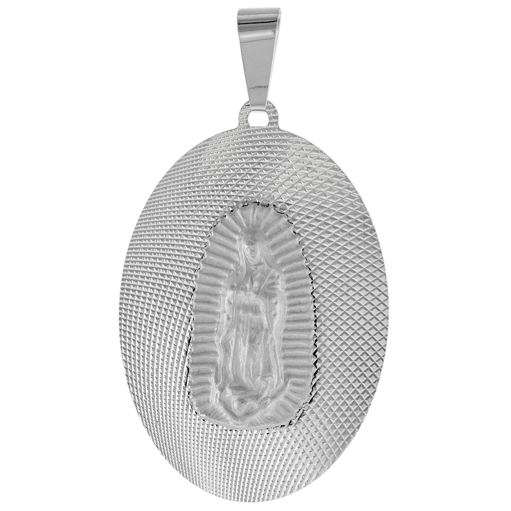 Very Large Sterling Silver Our Lady Guadalupe Medal Pendant for Men Sparkling Diamond cut Aureola Background Oval 1 3/4 inch tall