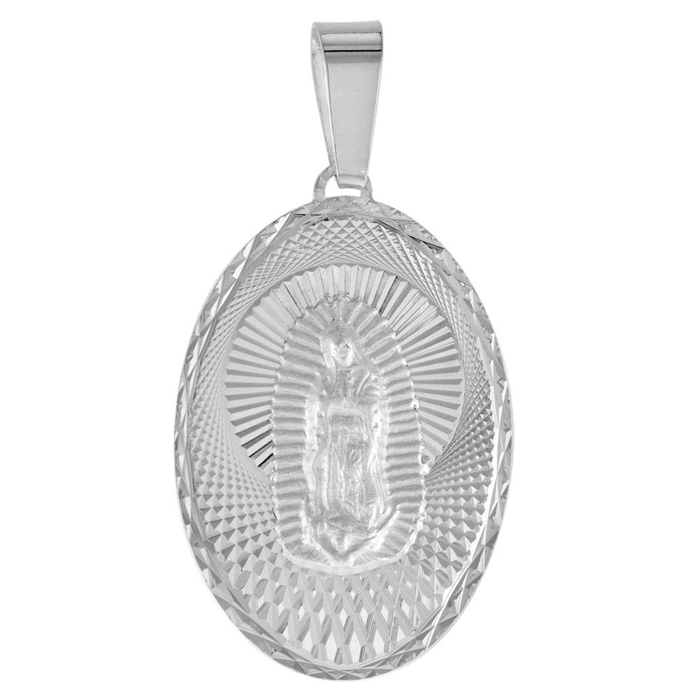 STERLING SILVER OUR LADY GUADALUPE MEDAL PENDANT FOR MEN AND WOMEN SPARKLING DIAMOND CUT AUREOLA BACKGROUND OVAL 1 INCH TALL