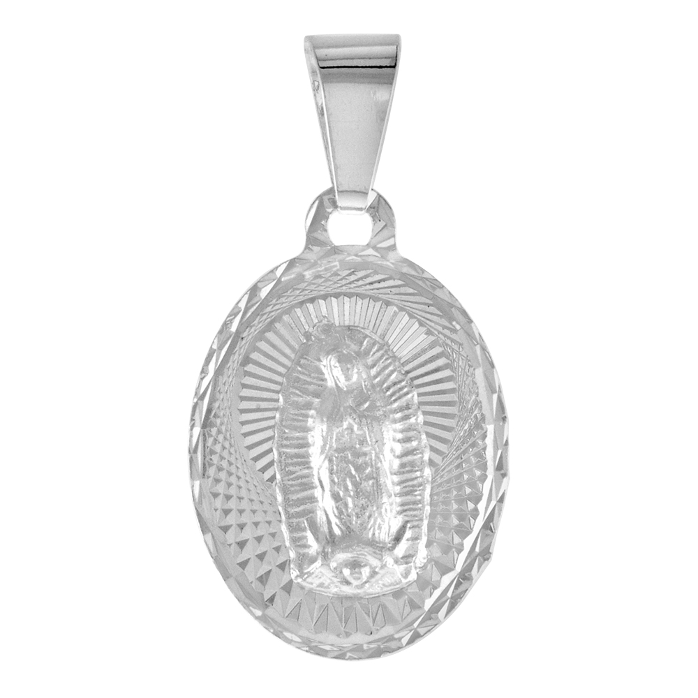 SMALL STERLING SILVER OUR LADY GUADALUPE MEDAL PENDANT FOR MEN AND WOMEN SPARKLING DIAMOND CUT AUREOLA BACKGROUND OVAL 5/8 INCH TALL