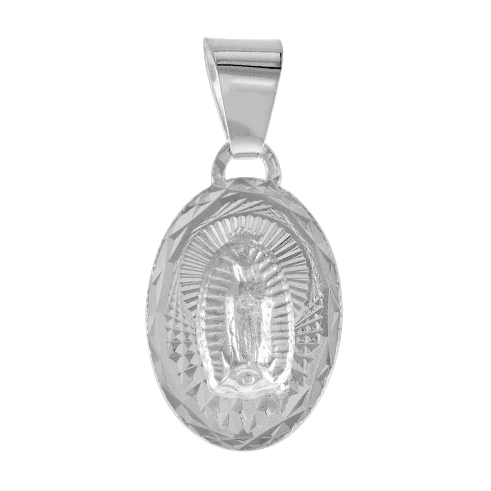 Tiny Sterling Silver Our Lady Guadalupe Medal Pendant for Women Sparkling Diamond cut Aureola Background Oval 1/2 inch tall