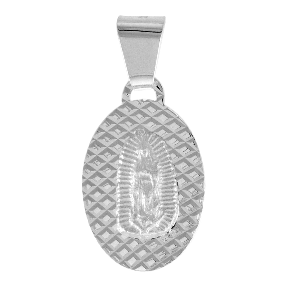 Tiny Sterling Silver Our Lady of Guadalupe Medal Pendant for Women Sparkling Diamond cut Aureola Background Oval 1/2 inch tall