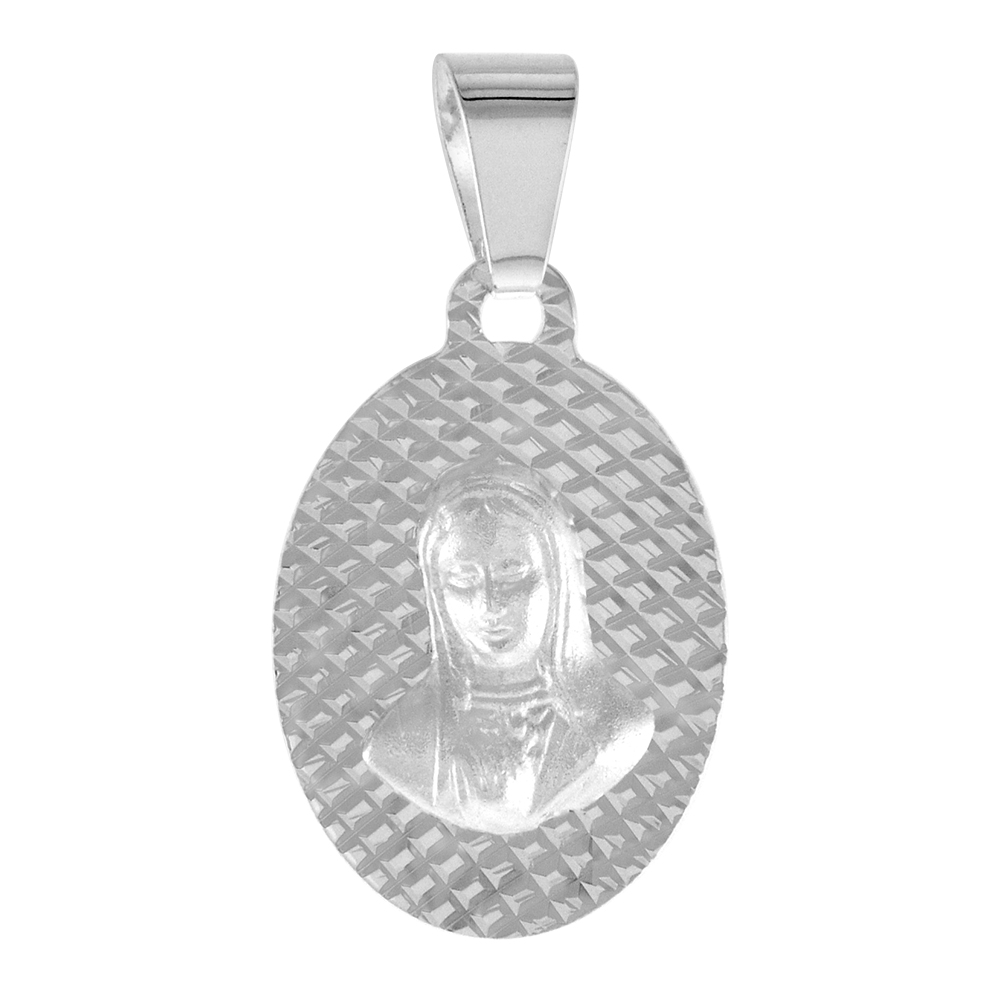 STERLING SILVER BLESSED VIRGIN MARY MEDAL PENDANT FOR MEN AND WOMEN SPARKLING DIAMOND CUT AUREOLA BACKGROUND OVAL 5/8 INCH TALL