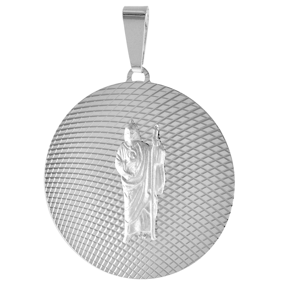 LARGE STERLING SILVER ST JUDE THADDEUS MEDAL PENDANT FOR MEN AND WOMEN SPARKLING DIAMOND CUT AUREOLA BACKGROUND 1 1/4 INCH ROUND