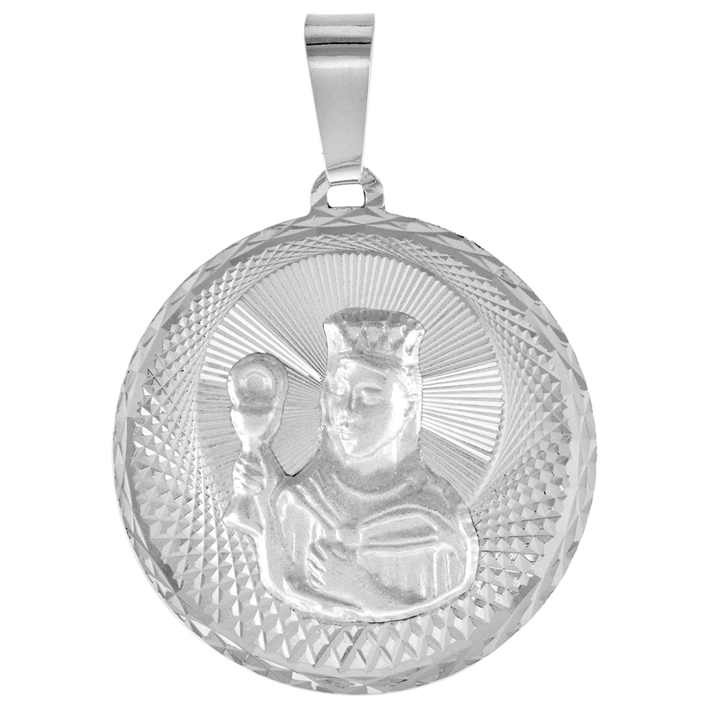 LARGE STERLING SILVER ST BARBARA MEDAL PENDANT FOR MEN AND WOMEN SPARKLING DIAMOND CUT AUREOLA BACKGROUND 1 INCH ROUND