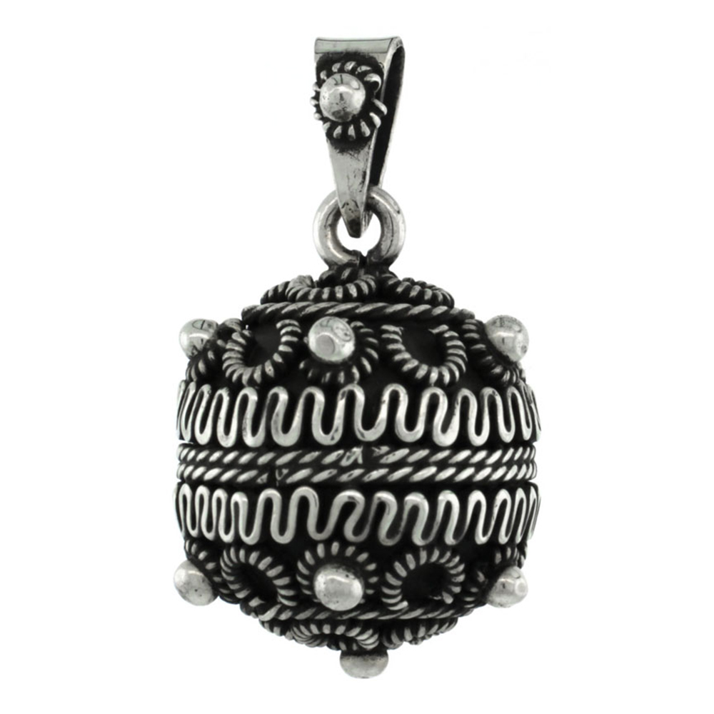 Sterling Silver Bali Style Beaded Ball Pendant Handmade, 3/4 inch (20.5 mm)