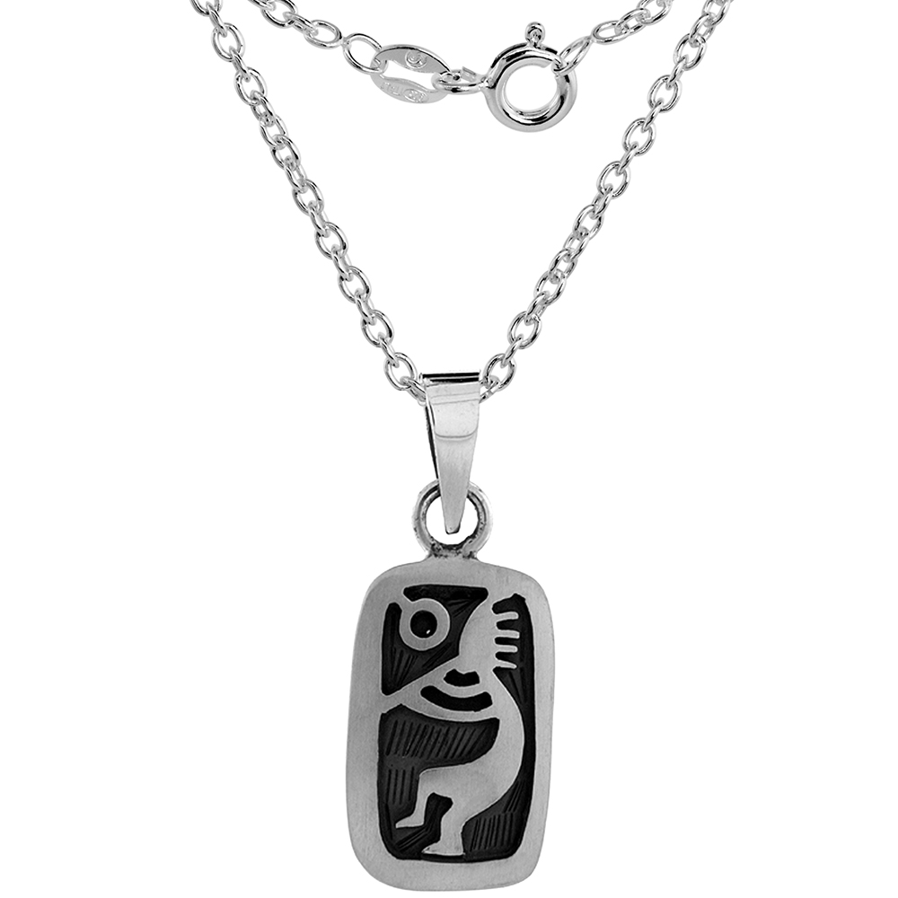 STERLING SILVER KOKOPELLI NECKLACE HANDMADE 1 1/16 INCH TALL 2MM CABLE LINK CHAIN