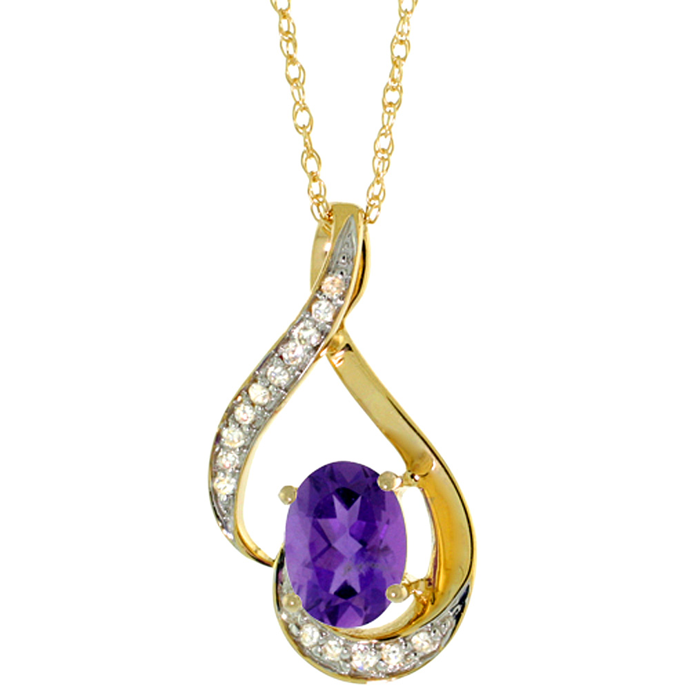14K YELLOW GOLD DIAMOND NATURAL AMETHYST NECKLACE OVAL 7X5 MM, 18 INCH LONG