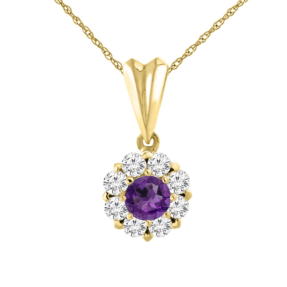 14K Yellow Gold Natural Amethyst Necklace with Diamond Halo Round 4 mm