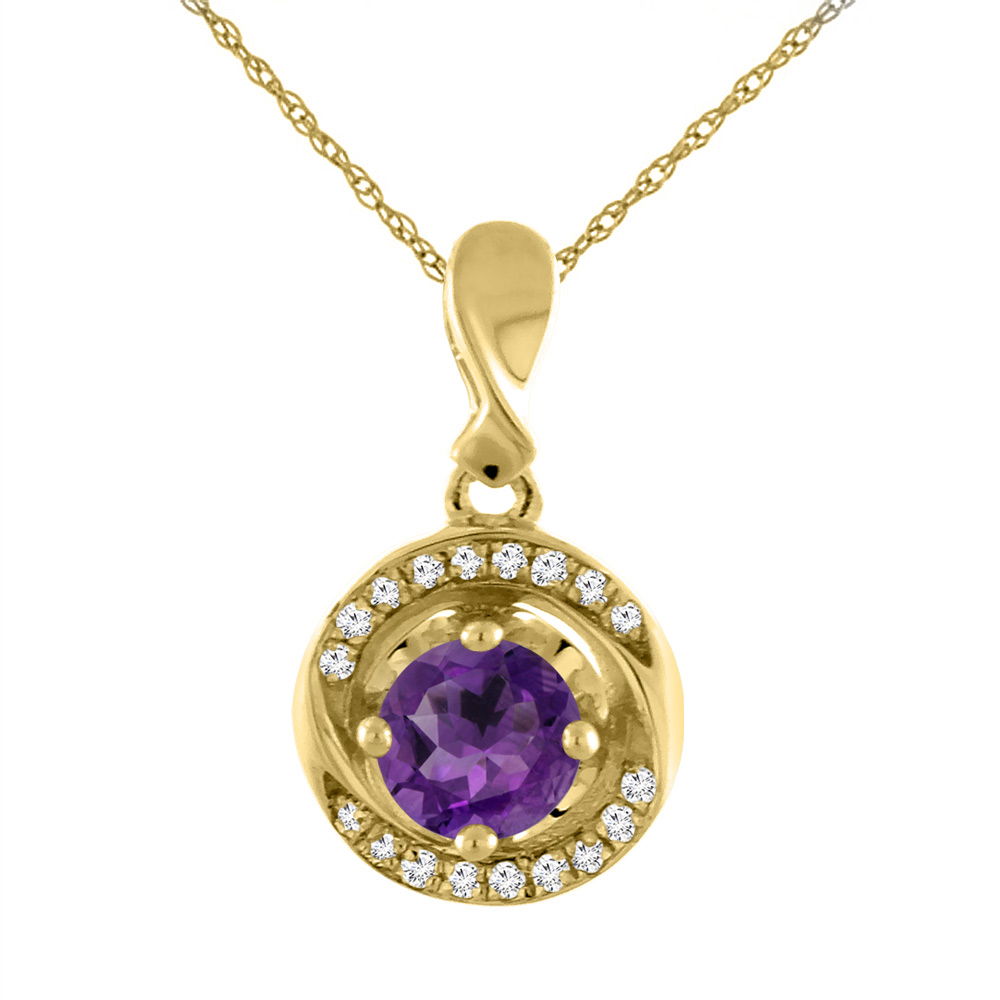 14K YELLOW GOLD NATURAL AMETHYST NECKLACE WITH DIAMOND ACCENTS ROUND 4 MM