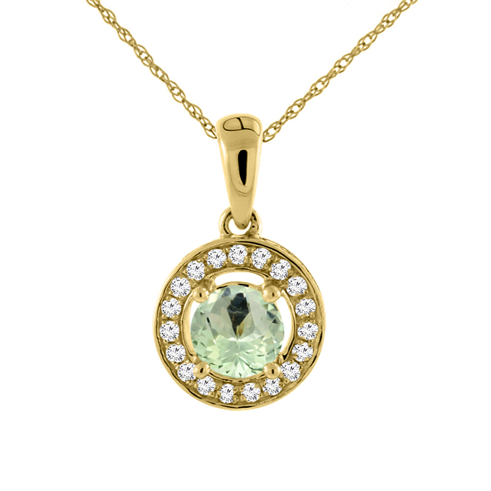 14K Yellow Gold Natural Green Amethyst Necklace with Diamond Halo Round 5 mm