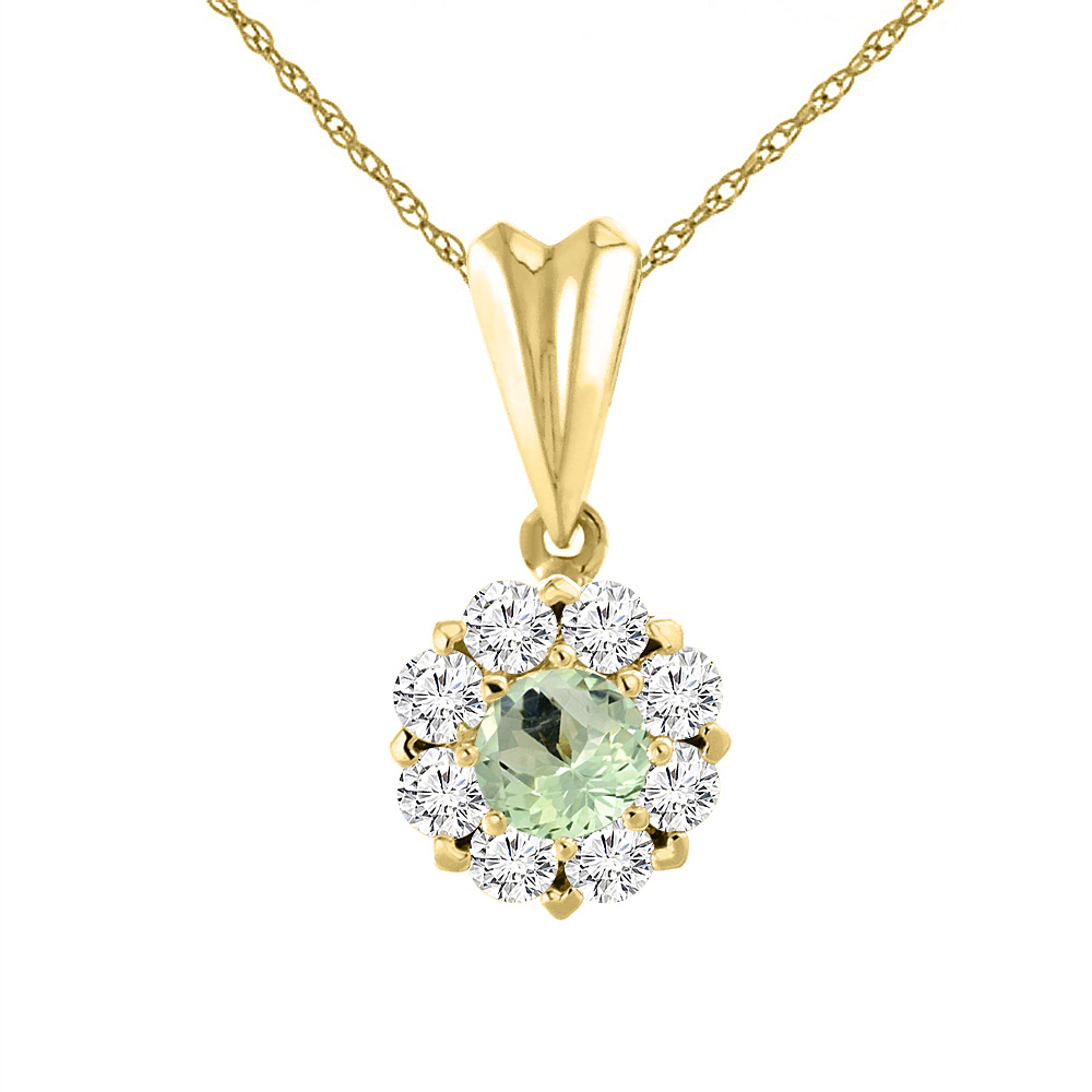14K YELLOW GOLD NATURAL GREEN AMETHYST NECKLACE WITH DIAMOND HALO ROUND 6 MM
