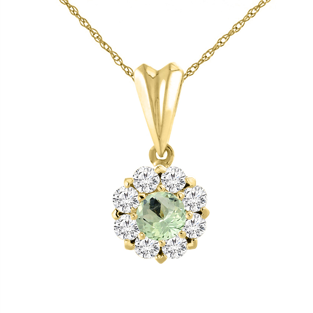 14K Yellow Gold Natural Green Amethyst Necklace with Diamond Halo Round 4 mm