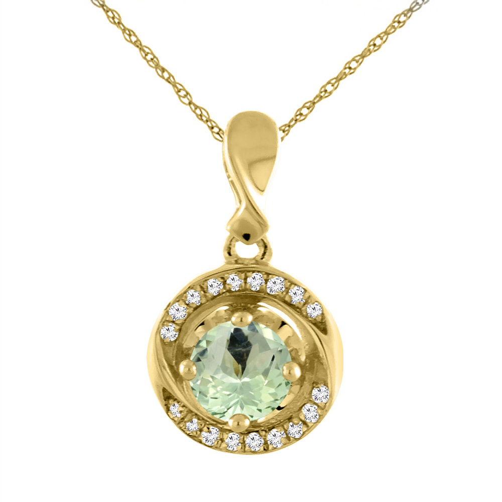 14K YELLOW GOLD NATURAL GREEN AMETHYST NECKLACE WITH DIAMOND ACCENTS ROUND 4 MM