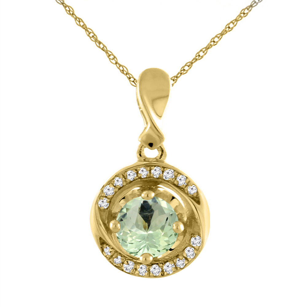 14K Yellow Gold Natural Green Amethyst Necklace with Diamond Accents Round 4 mm