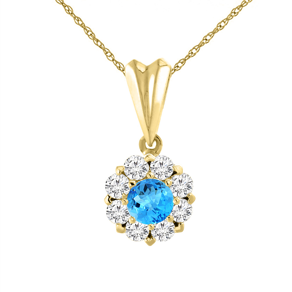 14K YELLOW GOLD NATURAL SWISS BLUE TOPAZ NECKLACE WITH DIAMOND HALO ROUND 6 MM