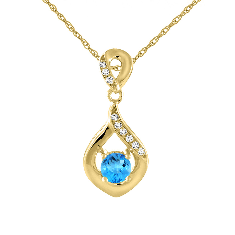 14K YELLOW GOLD NATURAL SWISS BLUE TOPAZ NECKLACE WITH DIAMOND ACCENTS ROUND 4 MM