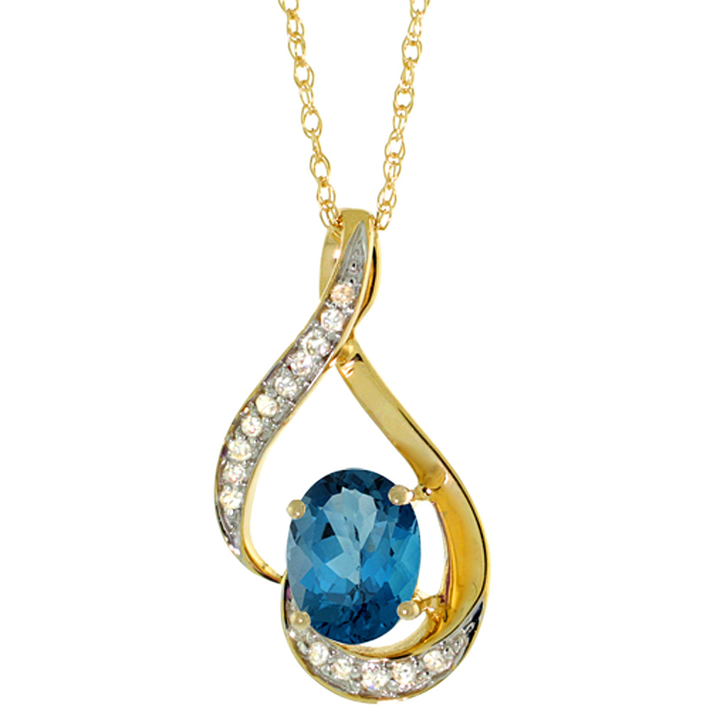 14K YELLOW GOLD DIAMOND NATURAL LONDON BLUE TOPAZ NECKLACE OVAL 7X5 MM, 18 INCH LONG