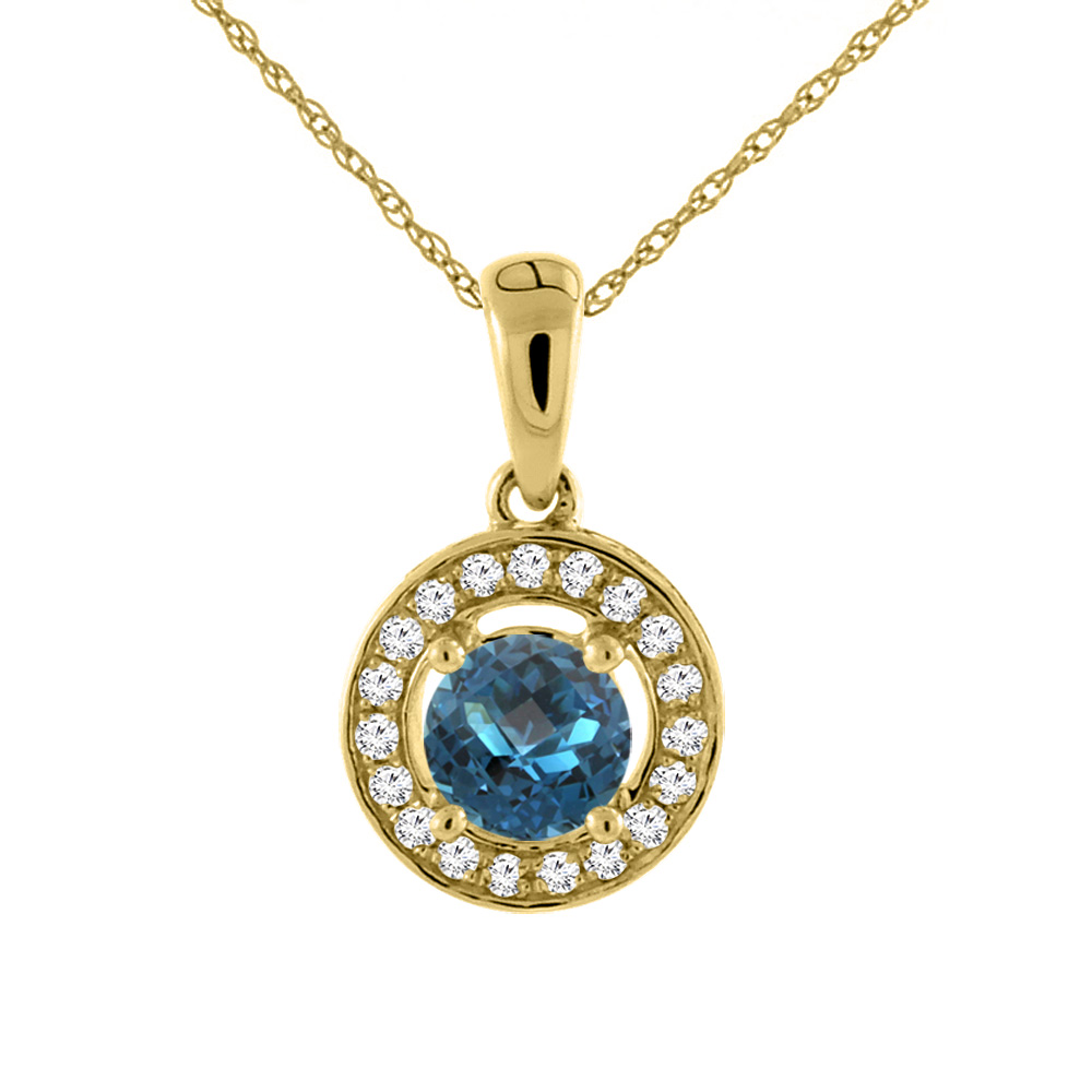 14K YELLOW GOLD NATURAL LONDON BLUE TOPAZ NECKLACE WITH DIAMOND HALO ROUND 5 MM
