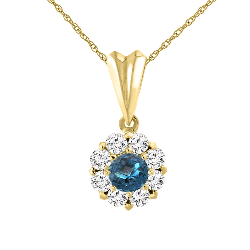 14K YELLOW GOLD NATURAL LONDON BLUE TOPAZ NECKLACE WITH DIAMOND HALO ROUND 6 MM