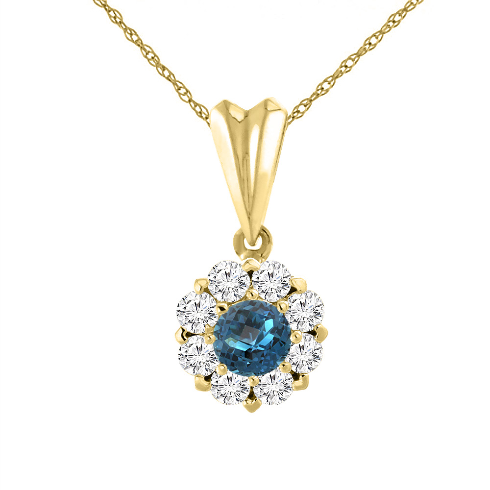 14K Yellow Gold Natural London Blue Topaz Necklace with Diamond Halo Round 6 mm