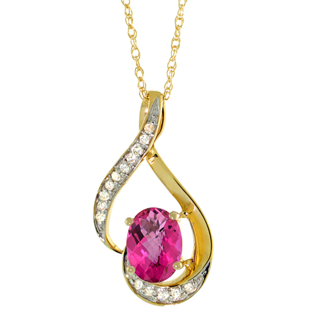 14K YELLOW GOLD DIAMOND NATURAL PINK SAPPHIRE NECKLACE OVAL 7X5 MM, 18 INCH LONG