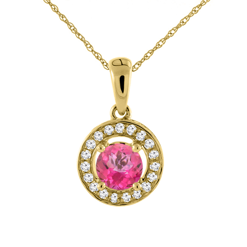 14K Yellow Gold Natural Pink Topaz Necklace with Diamond Halo Round 5 mm
