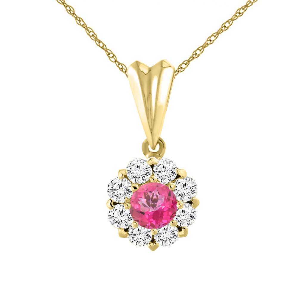14K Yellow Gold Natural Pink Topaz Necklace with Diamond Halo Round 6 mm