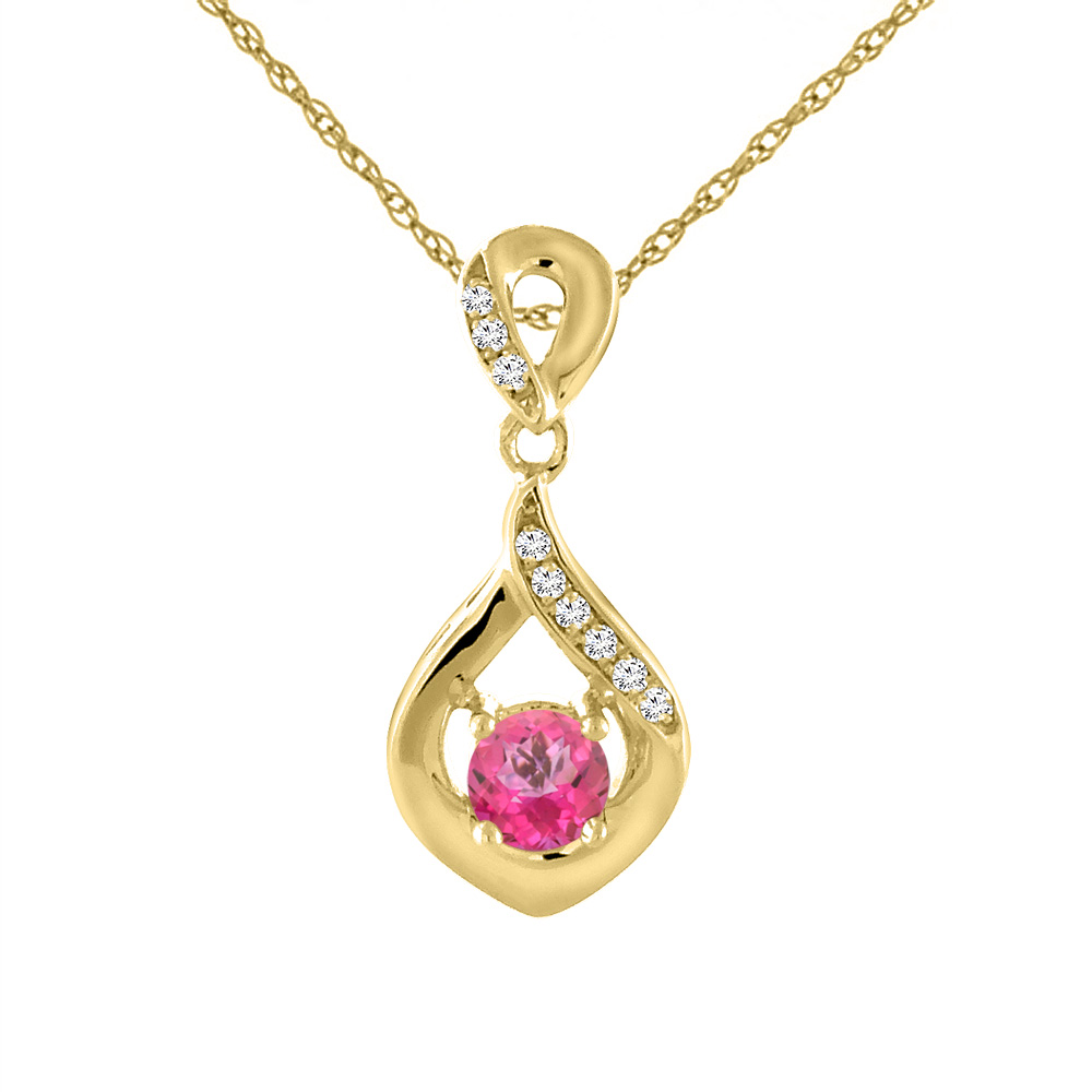 14K Yellow Gold Natural Pink Topaz Necklace with Diamond Accents Round 4 mm