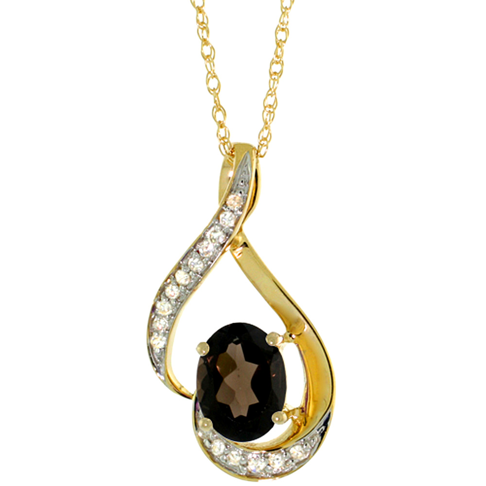 14K YELLOW GOLD DIAMOND NATURAL SMOKY TOPAZ NECKLACE OVAL 7X5 MM, 18 INCH LONG