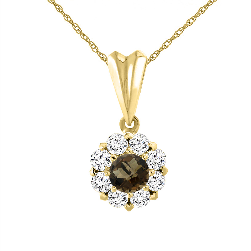 14K YELLOW GOLD NATURAL SMOKY TOPAZ NECKLACE WITH DIAMOND HALO ROUND 6 MM