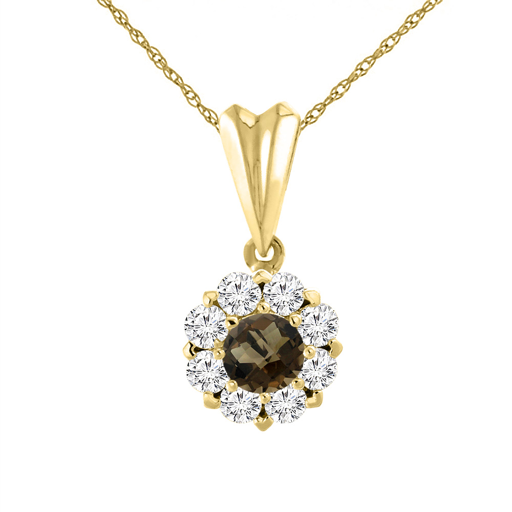 14K Yellow Gold Natural Smoky Topaz Necklace with Diamond Halo Round 6 mm