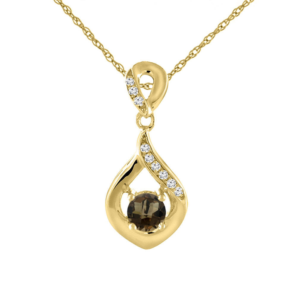 14K Yellow Gold Natural Smoky Topaz Necklace with Diamond Accents Round 4 mm
