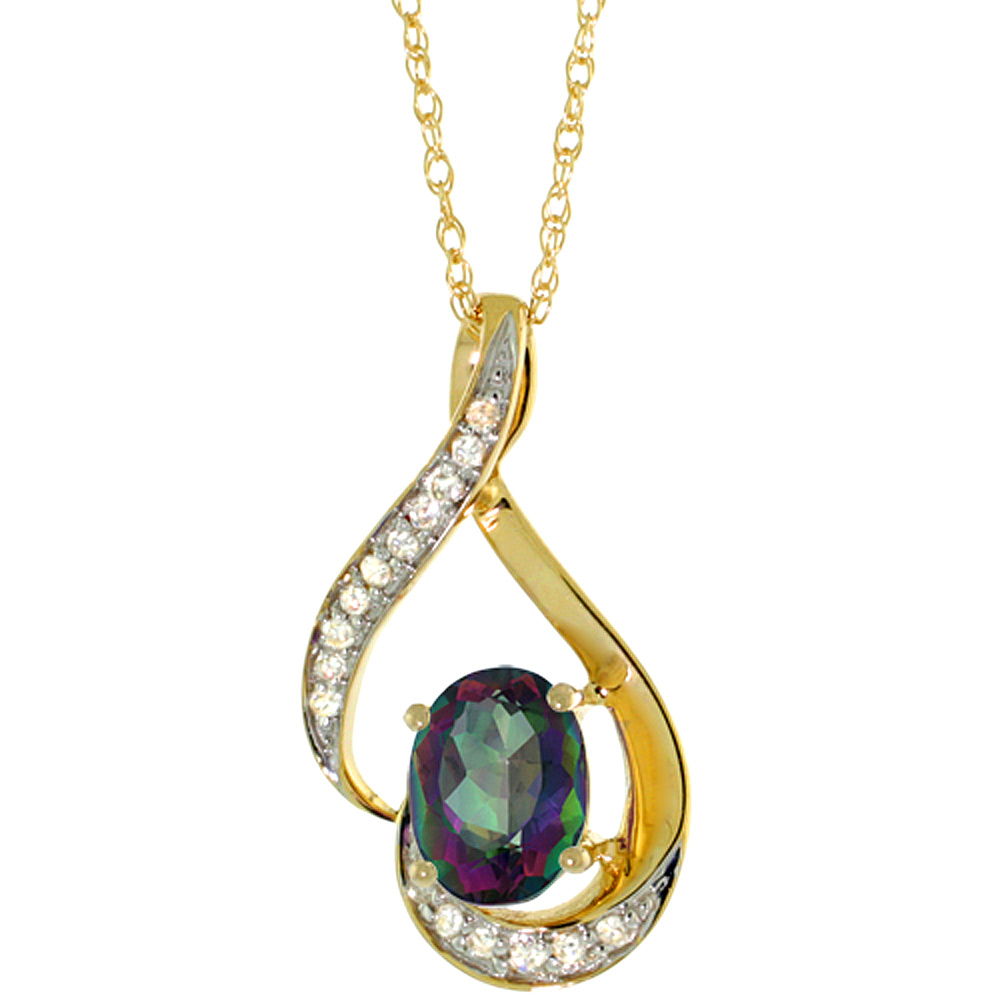 14K Yellow Gold Diamond Natural Mystic Topaz Necklace Oval 7x5 mm, 18 inch long
