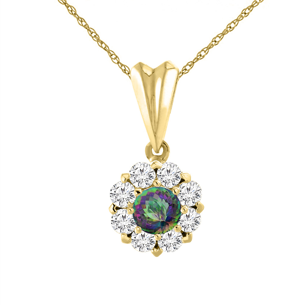 14K Yellow Gold Natural Mystic Topaz Necklace with Diamond Halo Round 6 mm