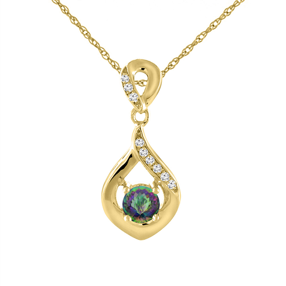 14K Yellow Gold Natural Mystic Topaz Necklace with Diamond Accents Round 4 mm