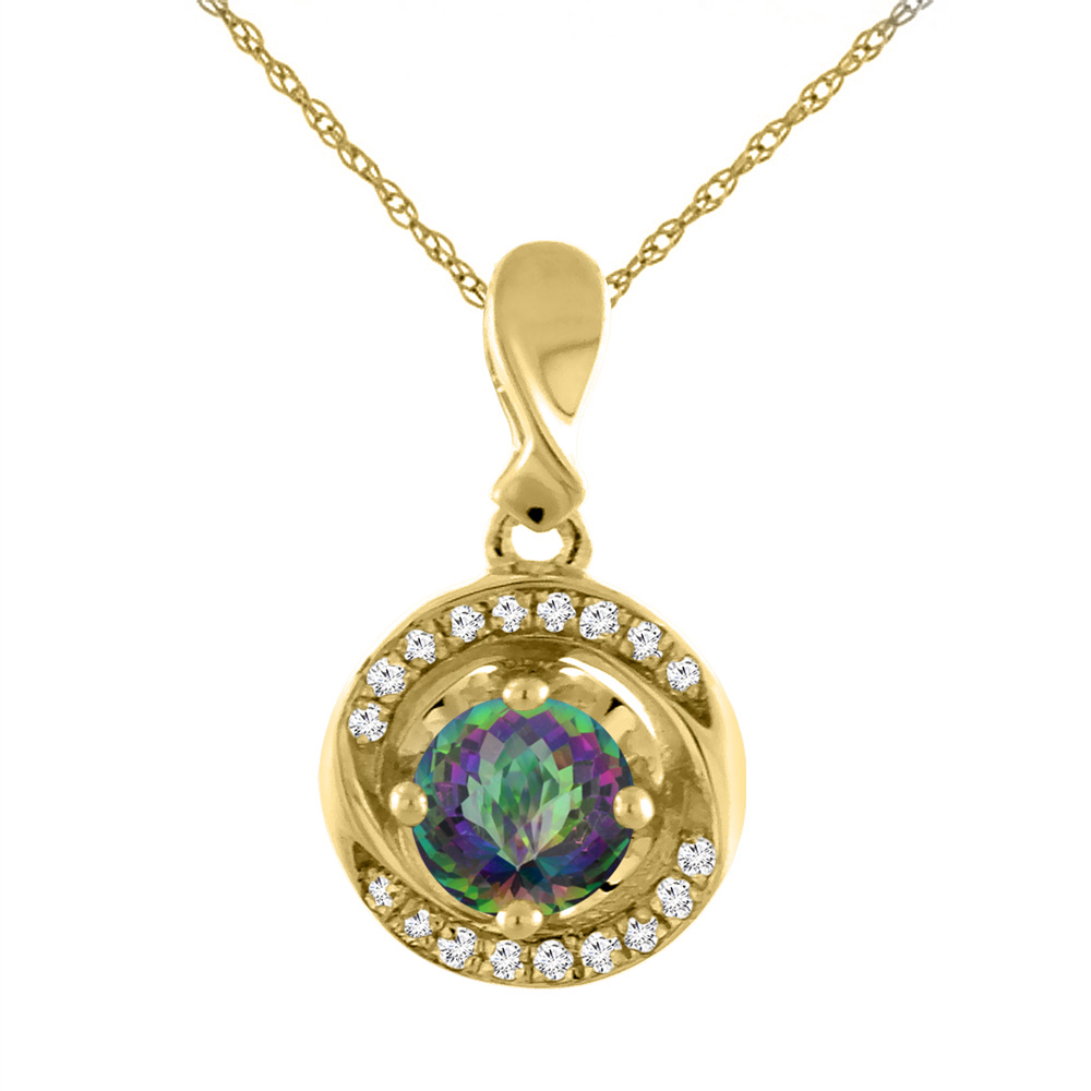 14K Yellow Gold Natural Mystic Topaz Necklace with Diamond Accents Round 4 mm