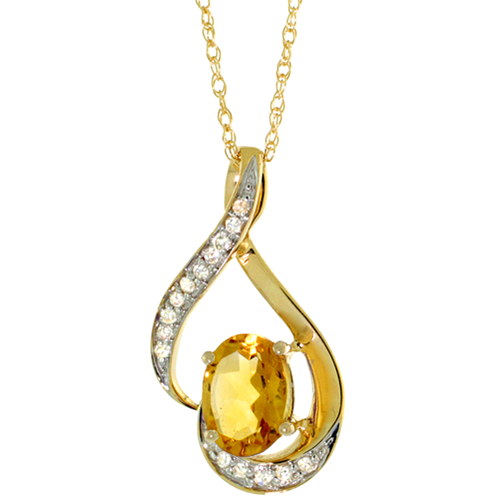 14K YELLOW GOLD DIAMOND NATURAL CITRINE NECKLACE OVAL 7X5 MM, 18 INCH LONG