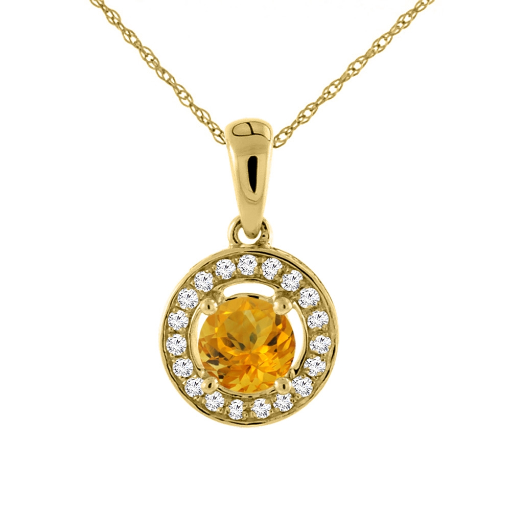 14K YELLOW GOLD NATURAL CITRINE NECKLACE WITH DIAMOND HALO ROUND 5 MM