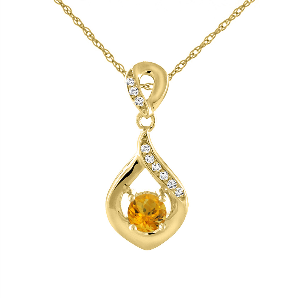 14K Yellow Gold Natural Citrine Necklace with Diamond Accents Round 4 mm