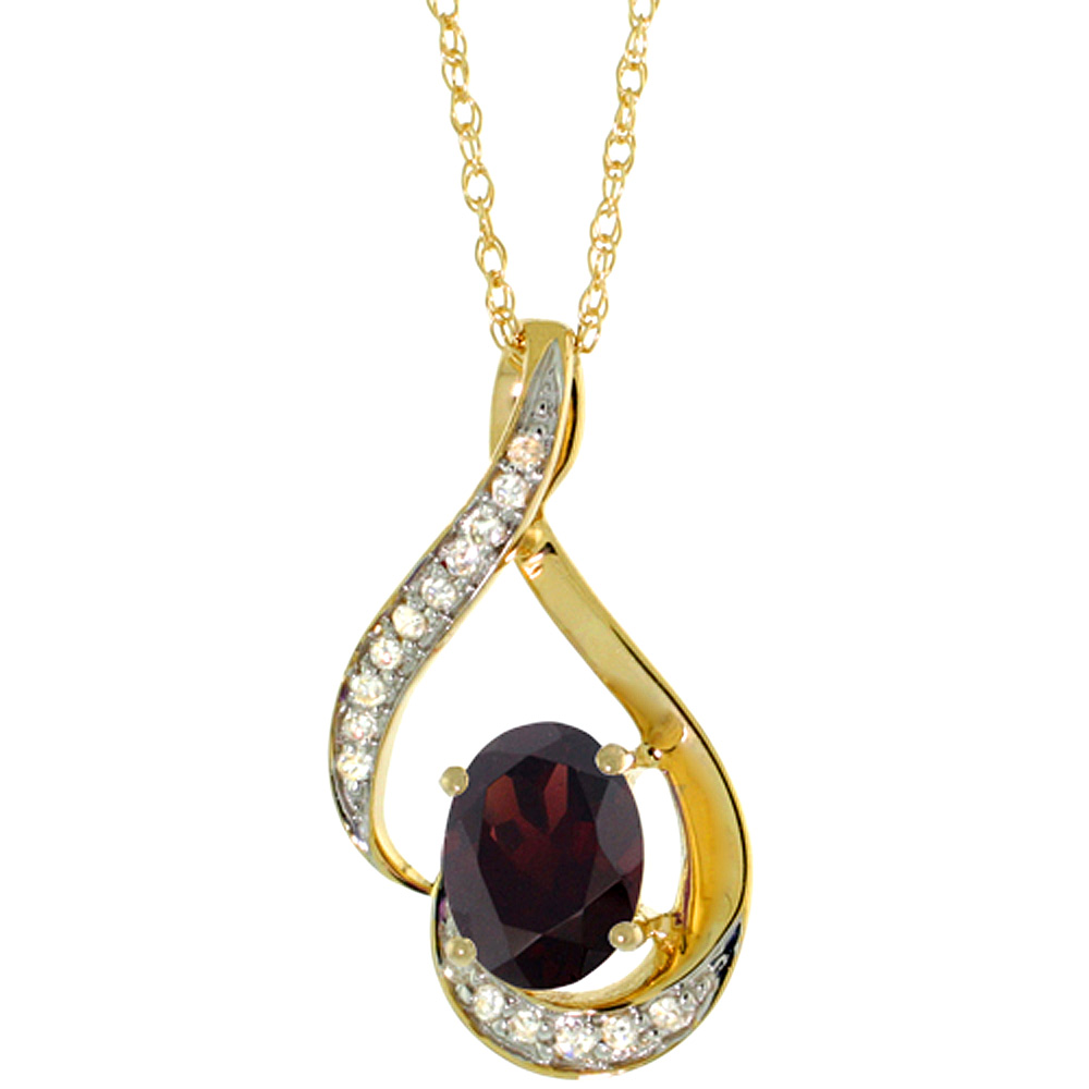 14K Yellow Gold Diamond Natural Garnet Necklace Oval 7x5 mm, 18 inch long