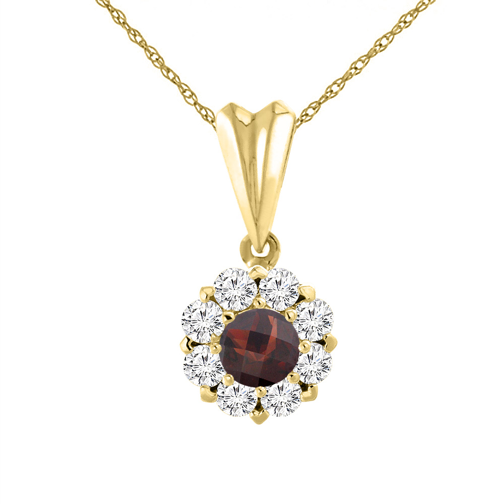 14K Yellow Gold Natural Garnet Necklace with Diamond Halo Round 6 mm