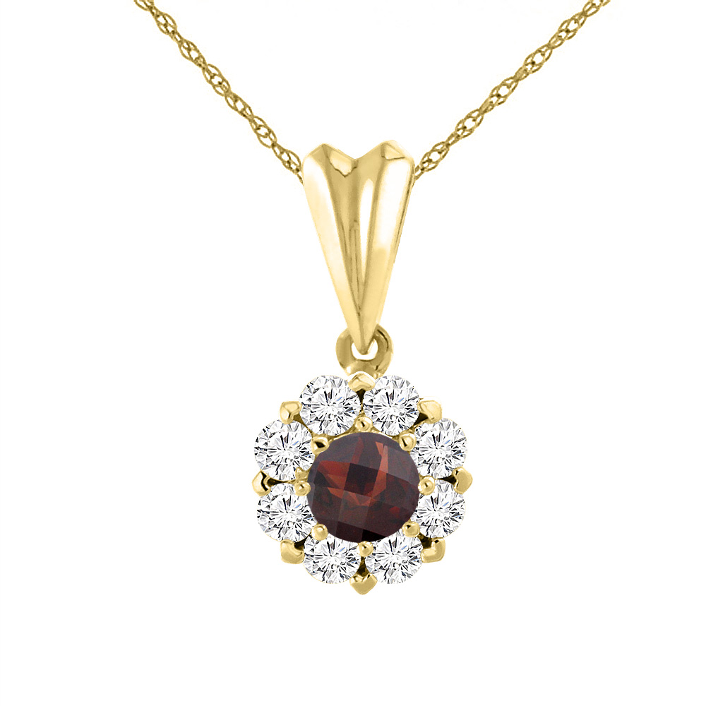 14K YELLOW GOLD NATURAL GARNET NECKLACE WITH DIAMOND HALO ROUND 4 MM