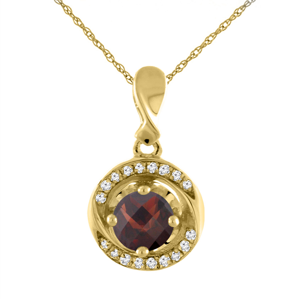 14K YELLOW GOLD NATURAL GARNET NECKLACE WITH DIAMOND ACCENTS ROUND 4 MM